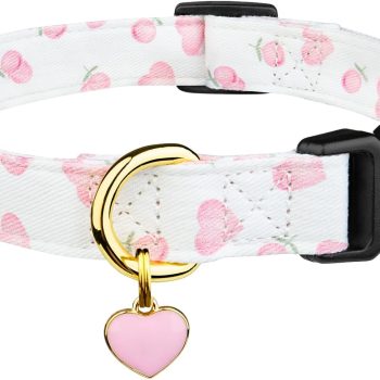 Cotton Handmade Dog Collar Cute and Distinctive Patterns White and Pink Love Heart with Pendant for Girl Boy Dogs Collars M