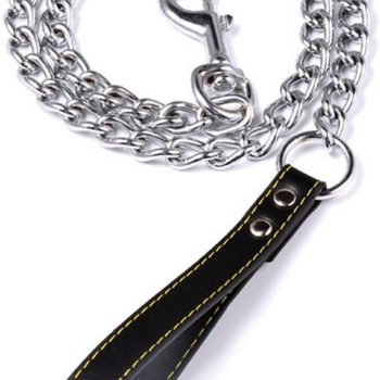 Chain Dog Leash with Leather Handle 4 Feet Black