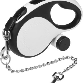 Retractable Dog Leash with Chew Proof Chain, 360 Tangle-Free Walking Leash for Small to Large Dogs, Heavy Duty up to 110lbs, 16ft Strong Nylon, One-Hand Brake White