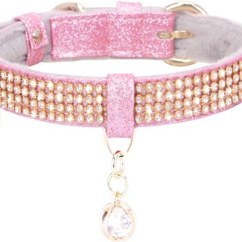 Cat Collar, Dog Collar, [Bling Rhinestones] Premium PU Leather with Pendant Adjustable Collars for Big Cat and Small to Medium Dog Small Pink