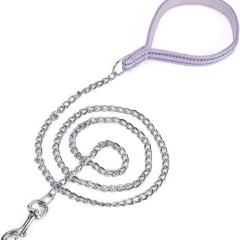 Chew Proof Metal Chain Leash,Nylon Handle with Soft Neoprene Padding and Reflective Stripe for Small Dogs.(S, Purple Handle)