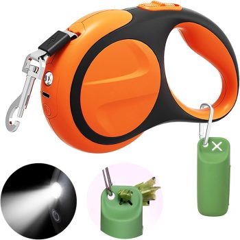 Retractable Dog Leash for Small Medium Dogs,16ft Dog Retractable Leash with Led Flashlight & Poop Bag Holder for Night Walking, for Puppy Doggie Pet Upto 66 Lbs, No Tangle, Rechargeable