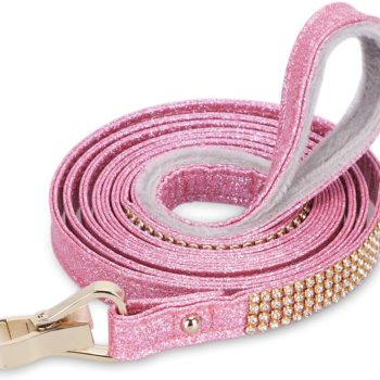 Dog Leash, Pet Leash, [Bling Rhinestones] Premium PU Leather Durable and Soft 6 FT Leash for Control Safety Training, Walking Lead for Small to Medium Dogs Pink