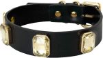 Handmade Black Vegan Leather Dog Collar with Large Crystal Accents for Medium Large Dog, Adjustable Breathable Leather Puppy Collar with Alloy Buckle. Classic Pet Collar. M