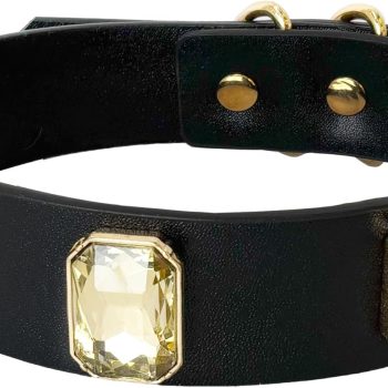 Handmade Black Vegan Leather Dog Collar with Large Crystal Accents for Medium Large Dog, Adjustable Breathable Leather Puppy Collar with Alloy Buckle. Classic Pet Collar. M
