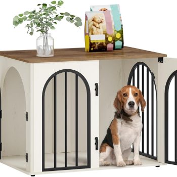 31.5'' Wooden Dog Crate Furniture, Indoor Dog Kennel Dogs Cage for Small/Medium Dogs, Heavy Duty Dog Crates Decorative Pet House End Side Table TV Stand, White Brown