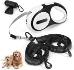 Double Retractable Dog Leash for 2 Large Dogs (Up to 143 Lbs Each), 2 Headed Pet Leash with Poop Bags and Rechargeable LED Light - Tangle-Free Swivel - One Button Break & Lock (White, Large)