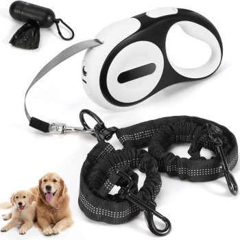 Double Retractable Dog Leash for 2 Large Dogs (Up to 143 Lbs Each), 2 Headed Pet Leash with Poop Bags and Rechargeable LED Light - Tangle-Free Swivel - One Button Break & Lock (White, Large)