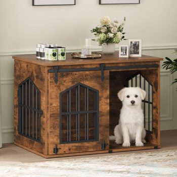 Dog Crate Furniture, 31.5" Farmhouse Dog Kennel with Sliding Barn Door, Wooden Dog Cage for Small Medium Dogs, Decorative Pet House Side End Table, Chew-Resistant, Rustic Brown
