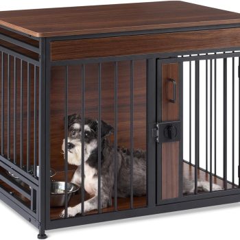 Furniture Style Dog Crate, Two Bowls Included, 30" x 20.4" x 23.6", Walnut
