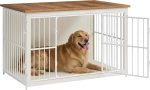 Wooden Dog Crate Furniture, 48 Inches Heavy-Duty Kennel for Dogs up to 110 lb, with Double Doors and Enclosed Wood Base, Modern Pet Cage End Table Indoor, Rustic White and Honey Brown