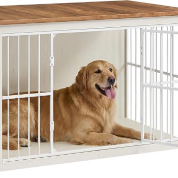 Wooden Dog Crate Furniture, 48 Inches Heavy-Duty Kennel for Dogs up to 110 lb, with Double Doors and Enclosed Wood Base, Modern Pet Cage End Table Indoor, Rustic White and Honey Brown