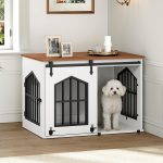 Dog Crate Furniture, 31.5" Farmhouse Dog Kennel with Sliding Barn Door, Wooden Dog Cage for Small Medium Dogs, Decorative Pet House Side End Table, Chew-Resistant, White and Walnut