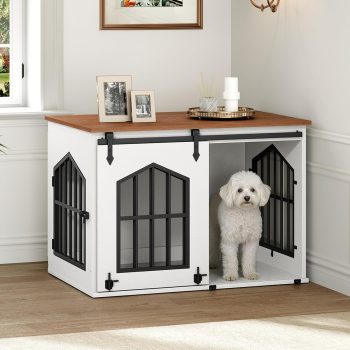 Dog Crate Furniture, 31.5" Farmhouse Dog Kennel with Sliding Barn Door, Wooden Dog Cage for Small Medium Dogs, Decorative Pet House Side End Table, Chew-Resistant, White and Walnut