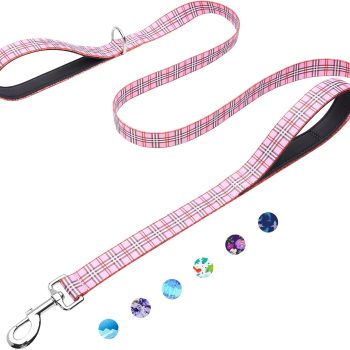 6ft Dog Leash with Two Padded Handles, Heavy Duty Strong Nylon Pet Leash with Soft Neoprene Handle for Small Medium Large Dogs, Pink Plaid