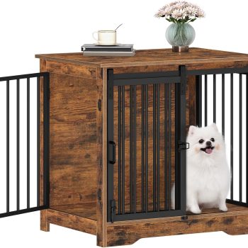 27.2" Dog Crate Furniture with Barn Door, Heavy Duty Dog Kennel Indoor with 2 Doors, Wooden Pet Cage End Table for Small Medium Dogs up to 22 lb, Anti-Chew Anti-Escape, Rustic Brown