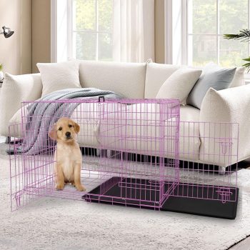 Dog Crates for Small Medium Large Dogs Indoor, Folding Metal Dog Kennel Dog Cage with Double-Door, Divider Panel, Removable Tray, Locks and Handle, (30 Inch, Pink)