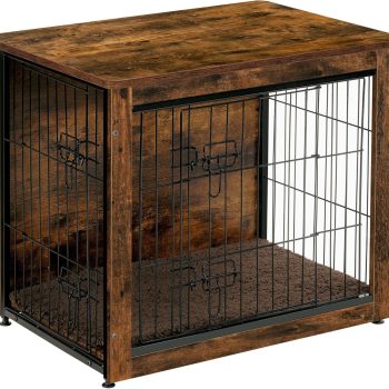 Dog Crate Furniture with Cushion, Wooden Kennel Table with Double Doors, Indoor Dog House, Small/Medium/Large/Extra Large Size, 27.2" L, Rustic Brown