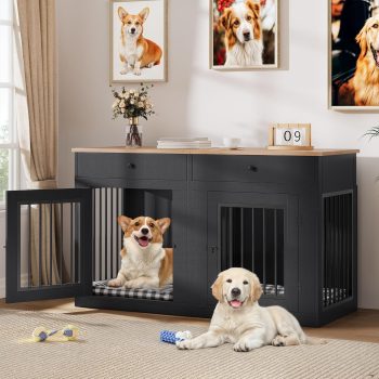 60 Inch Double Dog Crate Furniture for 2 Dogs, Heavy Duty Wooden Dog Crate TV Stand with Removable Divider & Storage Drawers, Dogs Kennel Indoor Furniture Double Sliding Barn Door, Black