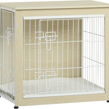 Dog Crate Furniture with Cushion, Wooden Kennel Table with Double Doors, Indoor Dog House, Small/Medium/Large Size, 27.2" L, White Oak