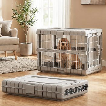 Collapsible Dog Crate for Dogs - 28" L Heavy Duty Dog Kennel No Tools Required with 4 Sides Steel Foldable Cage for Dogs Indoor Furniture, Portable Carrier with 2 Smooth Wheels, Beige