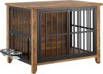 Dog Crate Furniture, Wooden Dog Kennel Indoor with Adjustable 360°& Height Dog Bowls, Double Doors Furniture Dog Crates End Table for Small/Medium 31.5" L*22.5" W*25.6" H, Brown