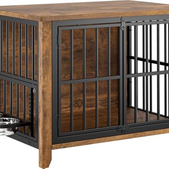 Dog Crate Furniture, Wooden Dog Kennel Indoor with Adjustable 360°& Height Dog Bowls, Double Doors Furniture Dog Crates End Table for Small/Medium 31.5" L*22.5" W*25.6" H, Brown