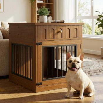 Dog Crate Furniture, Wooden Dog Crate with Drawer and Flip-Top Storage, Indoor Dog House End Table for Small Breeds, for Living Room, Bedroom, Walnut
